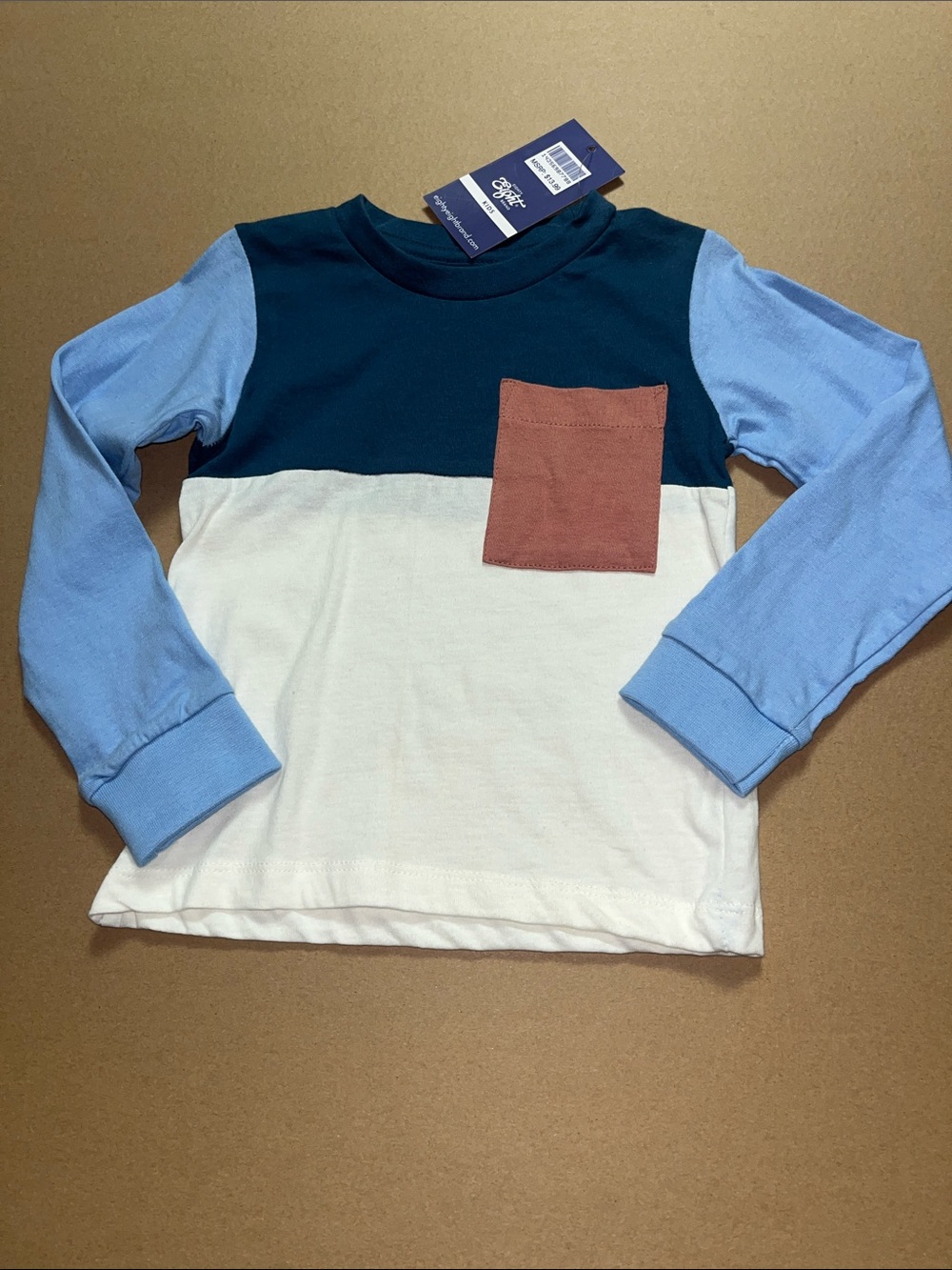 Long Sleeve Tee in Navy, Light Blue & White with Rust Pocket